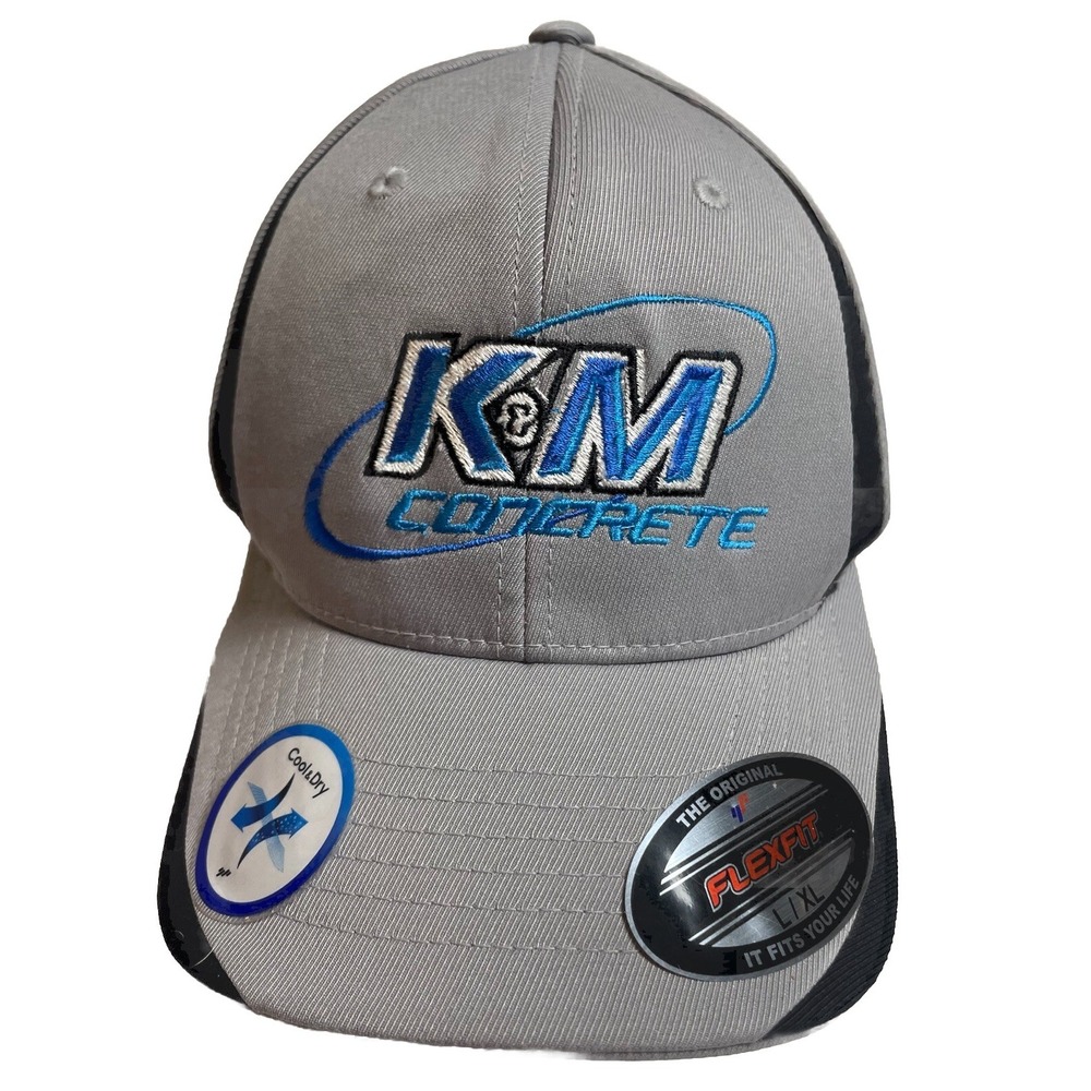 K&M Concrete Men's Baseball Cap Hat L-XL Flex Fit Gray 6-Panel Blue Embroidery